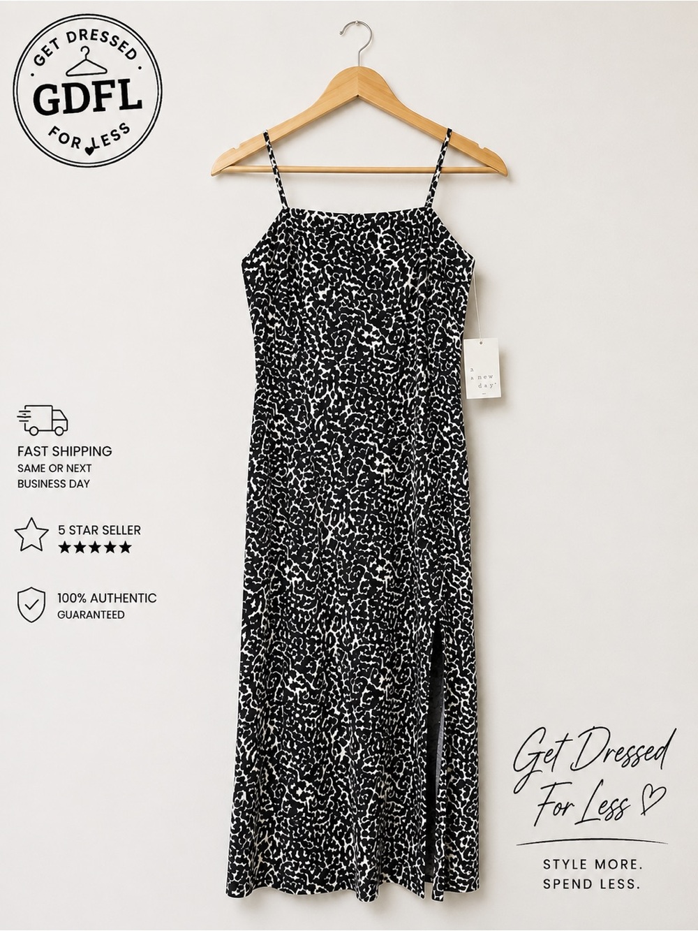 A New Day Leopard Print Midi Dress XS Side Slit Spaghetti Strap NWT